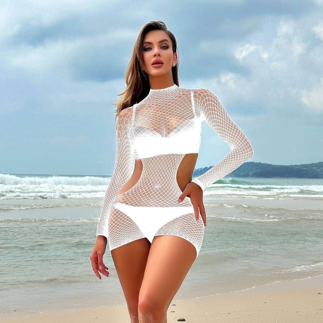 Women's Long-sleeved Hollow-out Fishnet Clothes Backless Hip Skirt - globaltradeleader