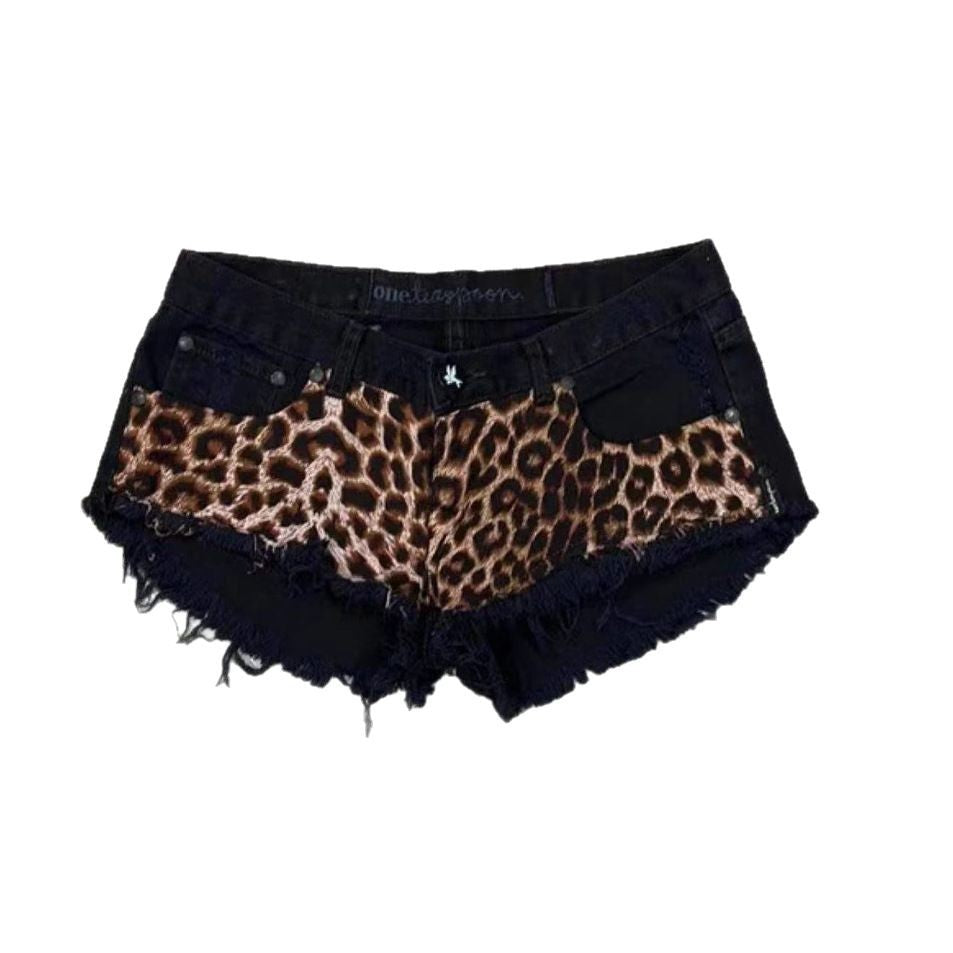 European And American Millennium Subculture Leopard Print Low Waist Denim Super Short Shorts - globaltradeleader