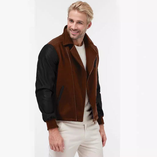 PU Leather Patchwork Wool Lapel Color Matching Men's Jacket - globaltradeleader