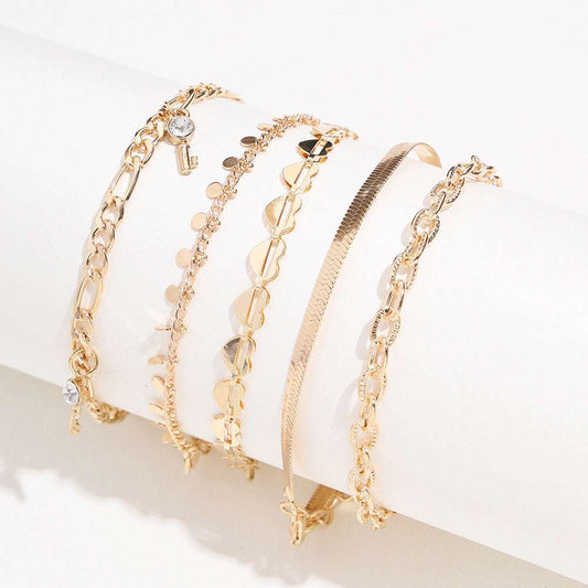 Punk European And American Style New Hollow Love Anklet Disc Snake-shaped Chain Diamond Key Tassel 5 Piece Set Foot Jewelry