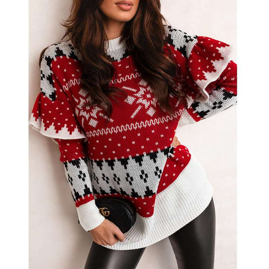 Christmas Women's Clothing Christmas Jacquard Loose Round Neck Petal Sleeve Ladies Sweater