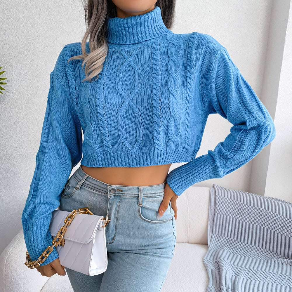 Real Shot Of Autumn And Winter European And American Fashion Twist Long-sleeved High-necked Short Pullover Sweater Women's Clothing - globaltradeleader