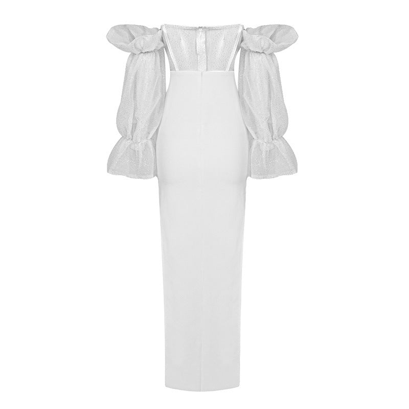 European And American New Style Puff Sleeve Mesh Gauze Strapless Sexy Dress Ladies Tube Top Slit Ladies Evening Dress - globaltradeleader