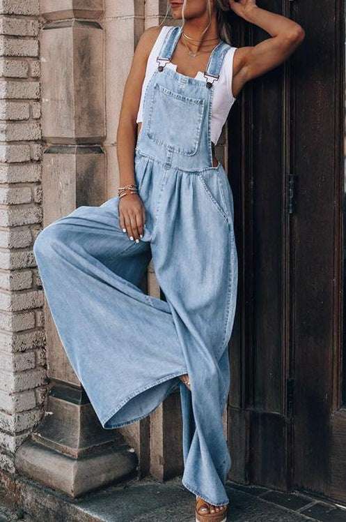 Summer Women's Loose Side Pocket Sleeveless Women's Denim Suspender Pants