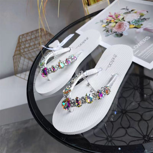 Flip-flops Women's Summer Outer Wear Korean Version Net Red Rhinestones Flat Bottom Sandals And Slippers Beach Shoes Women's