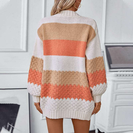 Drizzle Color Stripe European And American Sweater Cardigan Women's Autumn And Winter Casual Loose Lantern Sleeve Sweater