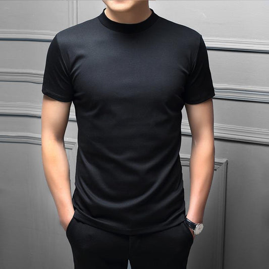 Spring And Summer Men's Double Mercerized Cotton Small Turtleneck Solid Color Slim Round Neck Short Sleeve T-shirt Half Turtleneck Bottoming Shirt