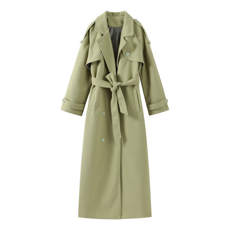Lapel And Waist Tight Lace-up Long Coat Woolen Coat - globaltradeleader