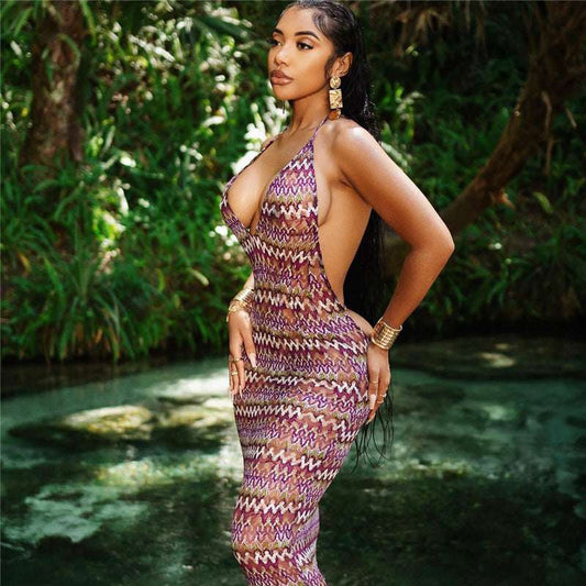 Women's Clothing Summer Mesh See-through Printed Backless Bohemian Style Dress