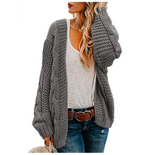 European And American Spring And Autumn Coarse Needle Twist Knitted Cardigan Women's Mid-length Solid Color Casual Loose Coat Cardigan