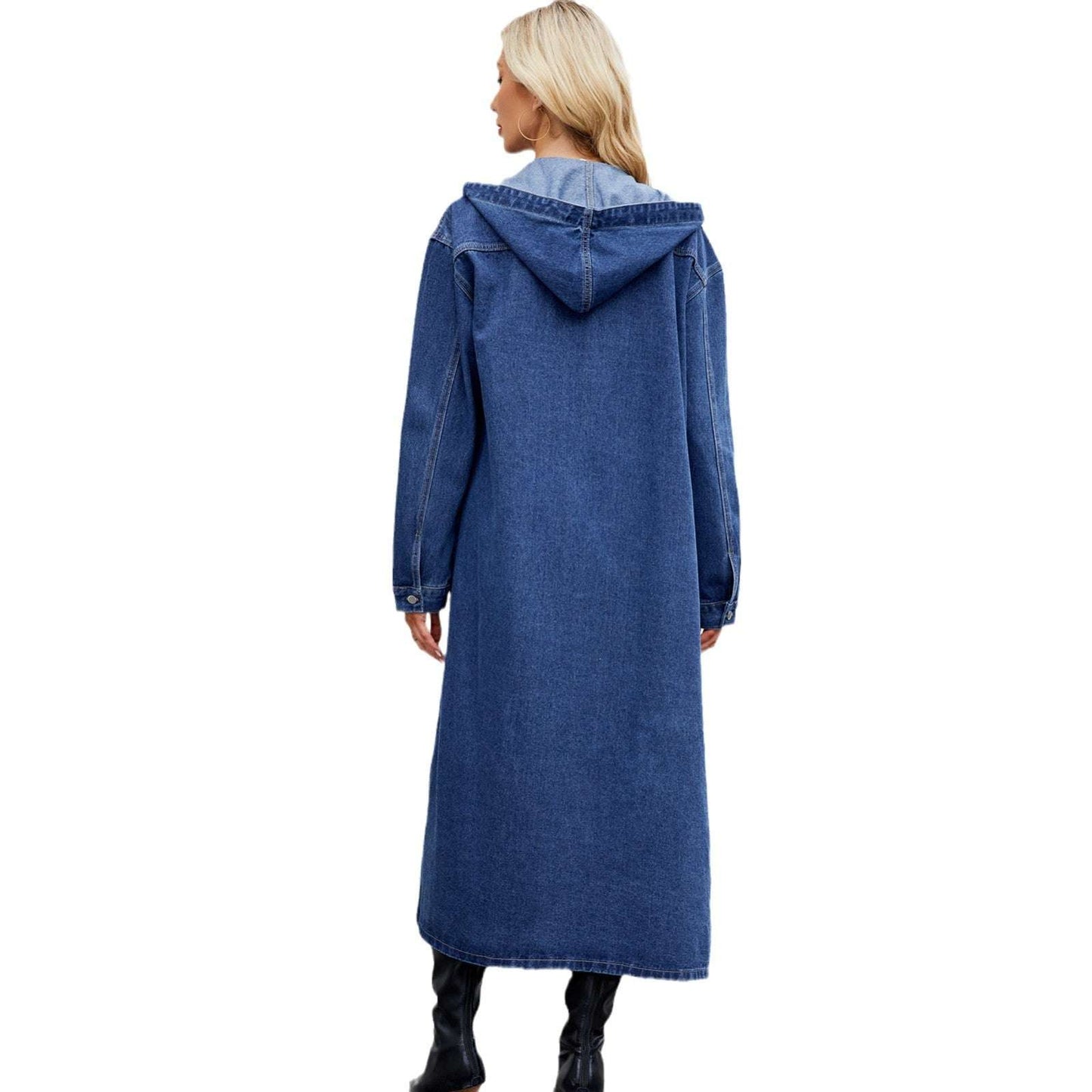 Women's Washed Hooded Long Denim Coat - globaltradeleader