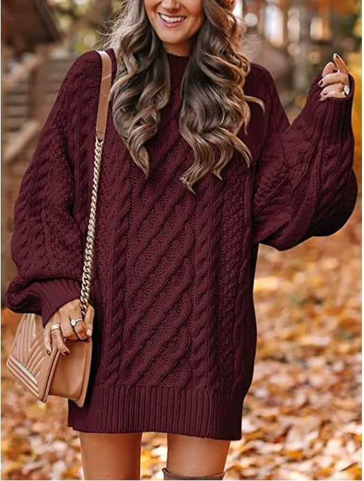 European And American Women's Clothing Round Neck Long Sleeves Large Profile Cable Knit Thick Knit Pullover Mid-length Sweater Women's Dress - globaltradeleader