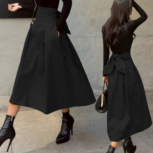 Skirt Spring And Autumn A- Line Umbrella Skirt Super Popular Bow Large Swing Skirt Slim Waist Long