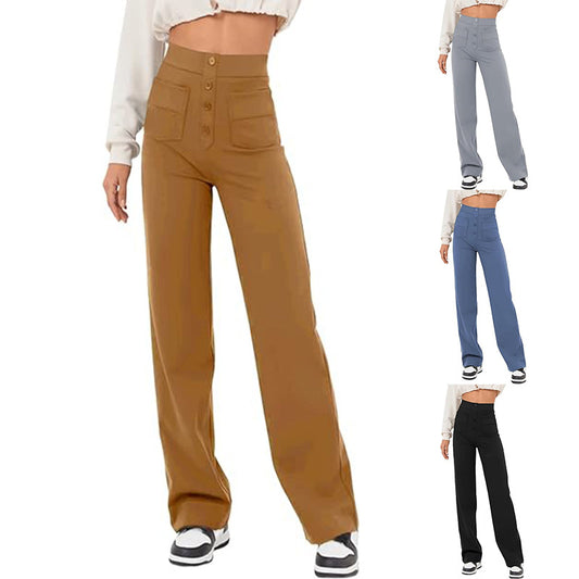High Waist Trousers With Pockets Casual Loose Wide Leg Button Straight Pants Women's Clothing - globaltradeleader