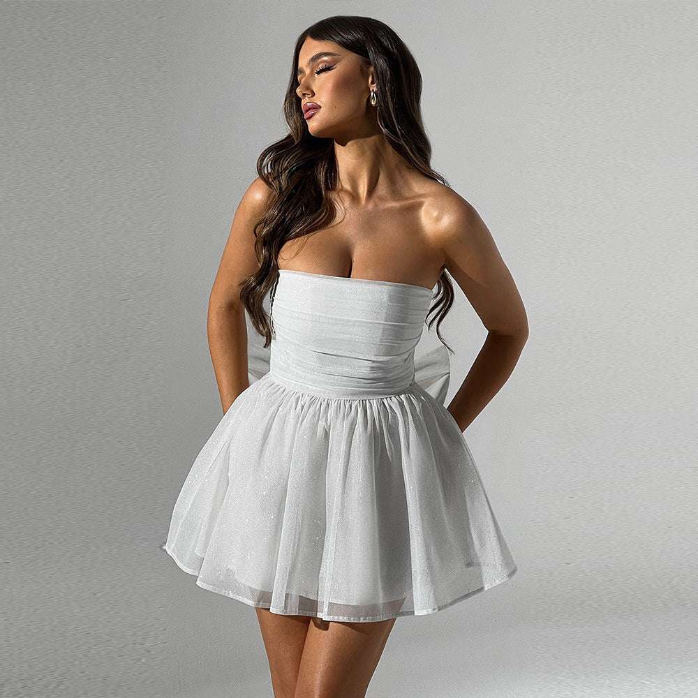 Tube Top Lace Dress With Back Bow-knot Summer Fashion Temperament Mesh Stitching Off-neck Short Skirt - globaltradeleader