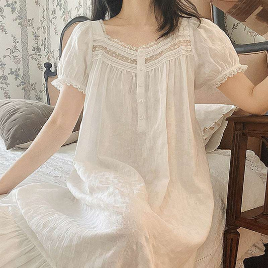 Women's Short-sleeved Thin Pajamas White Sweet Cotton