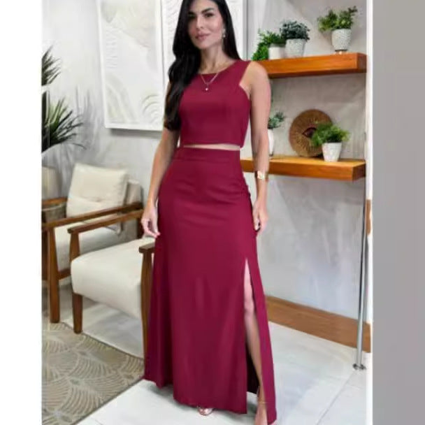 Solid Color Round Neck Sleeveless Top High Waist Slit Skirt Suit - globaltradeleader