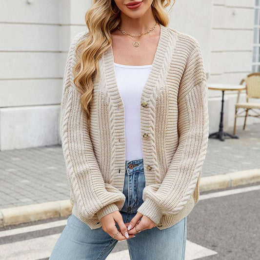 Women's Loose Long-sleeved V-neck Twisted Knitted Sweater Coat