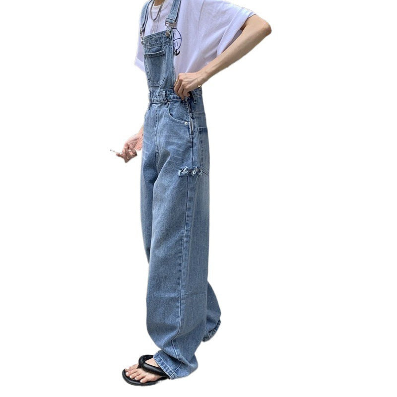 Ripped Denim Suspender Pants Women's Spring Versatile Ins High Waist Straight Wide Leg Mop Trousers Women's - globaltradeleader