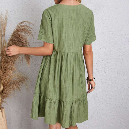 V-neck Short Sleeve Dress Summer Fashion Casual Loose Ruffled Dresses Beach Clothing Women - globaltradeleader