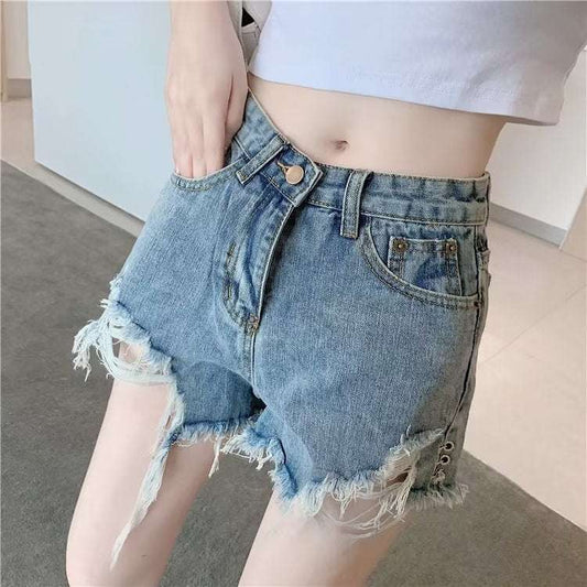 Micro Elastic High Waist Slimming Holes Frayed Vintage Denim Shorts - globaltradeleader