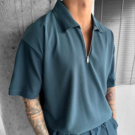 Summer Fashion Mens Clothing Men's Suits New Zipper Polo Casual Short Sleeve Drawstring Shorts Men's Set - globaltradeleader