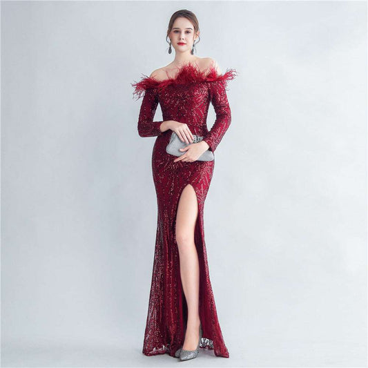 High-density Ostrich Feather Sequins Off-shoulder Long Sleeve Fishtail High-end Evening Dress - globaltradeleader