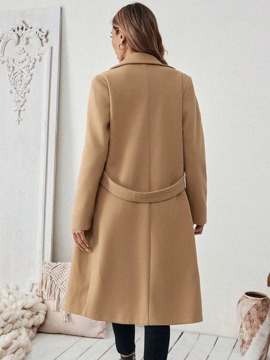 Flat Collar Solid Color Pocket With Belt Long Sleeve Autumn Winter Coat Jacket - globaltradeleader