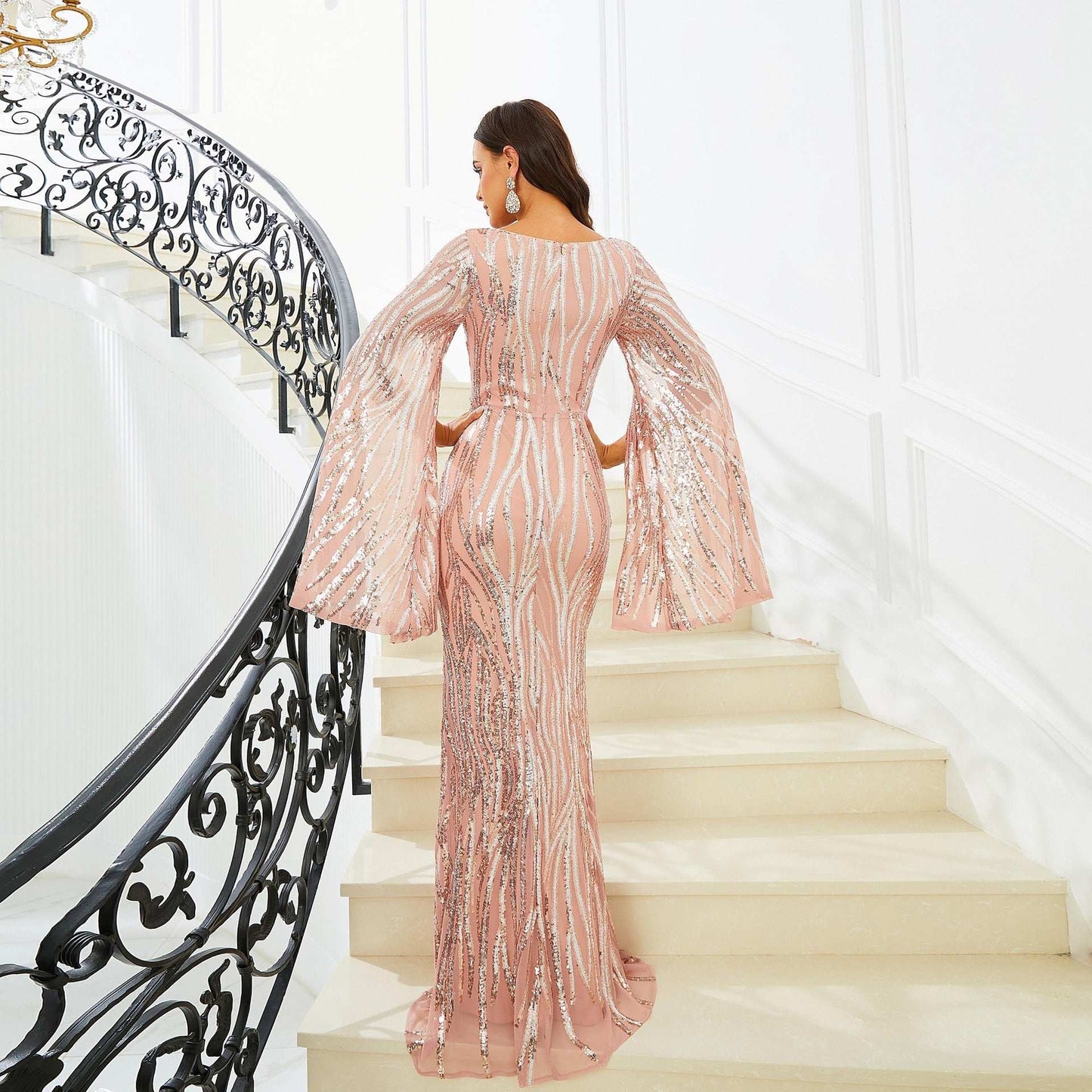 Long Sleeve V-neck Banquet Sequined Fishtail Dress - globaltradeleader