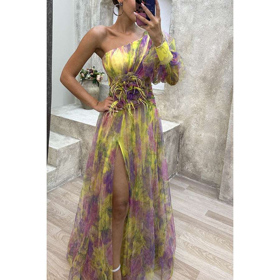 Mesh Tie-dye Printed Off-shoulder Slit Dress Summer INS Fashion Long Dress Party Womens Clothing - globaltradeleader