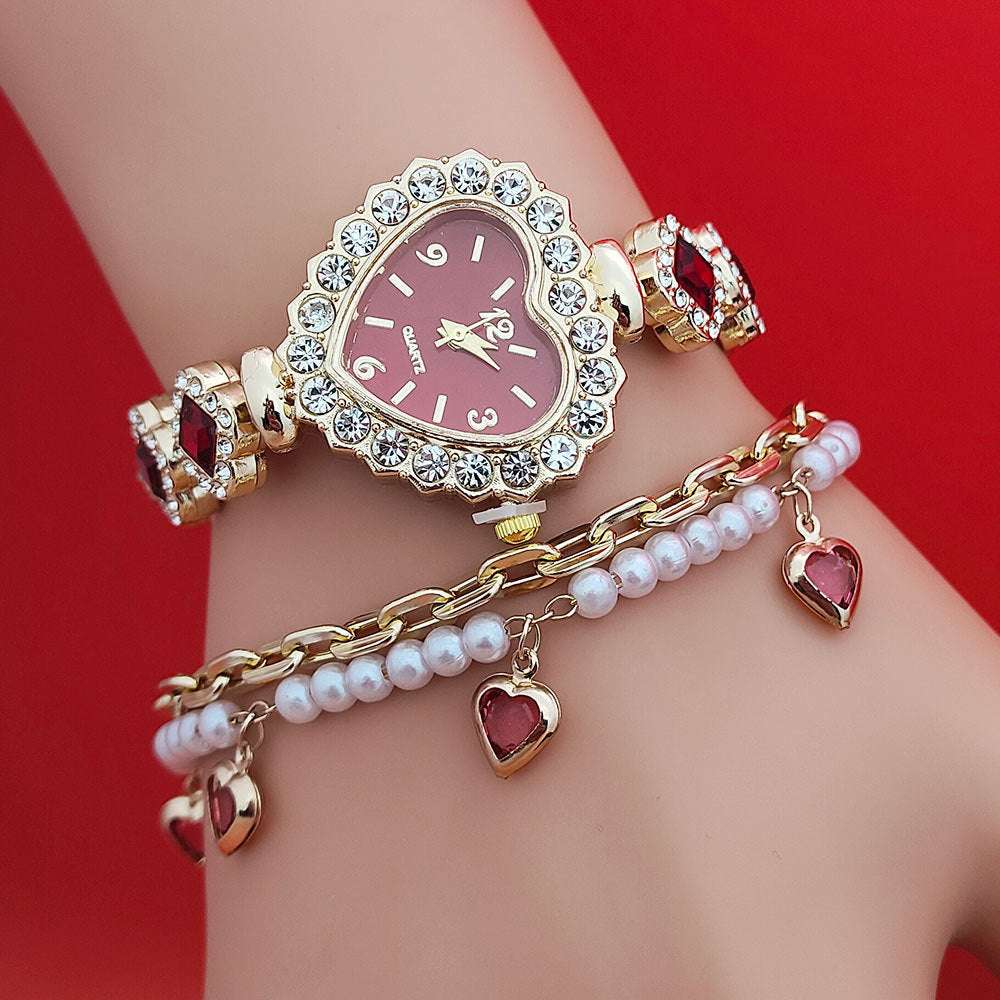 Fashion Love Shape Bracelet Watch Set Diamond Colored Heart Quartz Watch Women's Fashion Jewelry Set Valentine's Day Gift - globaltradeleader