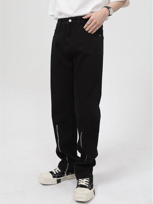 Men's Double Zipper Split Black Jeans