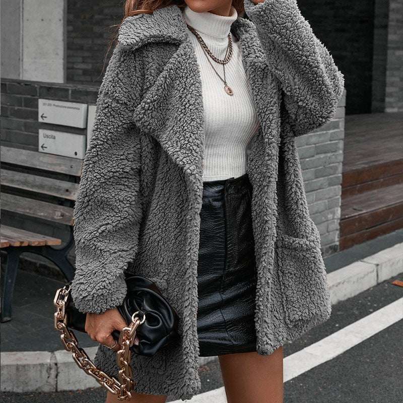 Single Breasted Bubble Fleece Jacket Loose Lapel Lamb Fleece Trench Coat - globaltradeleader