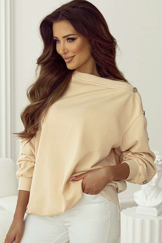 Beige Buttoned Sleeve Dropped Shoulder Sweatshirt - globaltradeleader