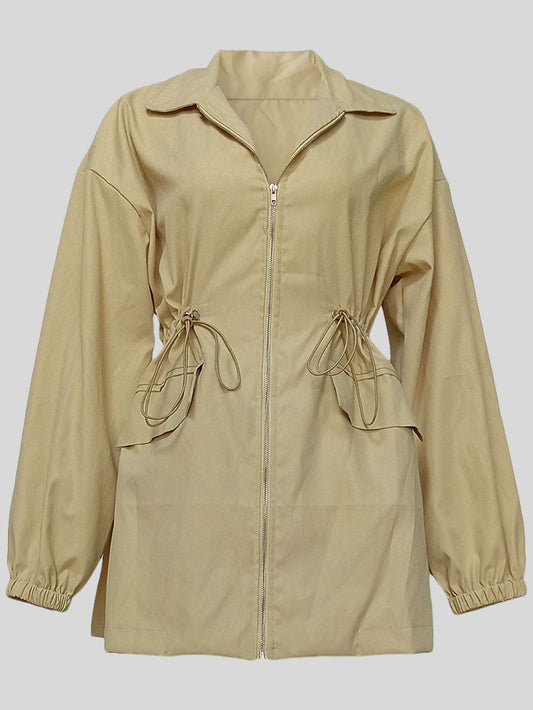 Drawstring Waist Mid-length Trench Coat For Women - globaltradeleader