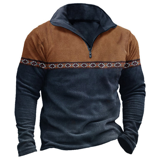 Retro Patchwork Polo Shirt Zipper Sweater Daily Outdoor Casual Top - globaltradeleader