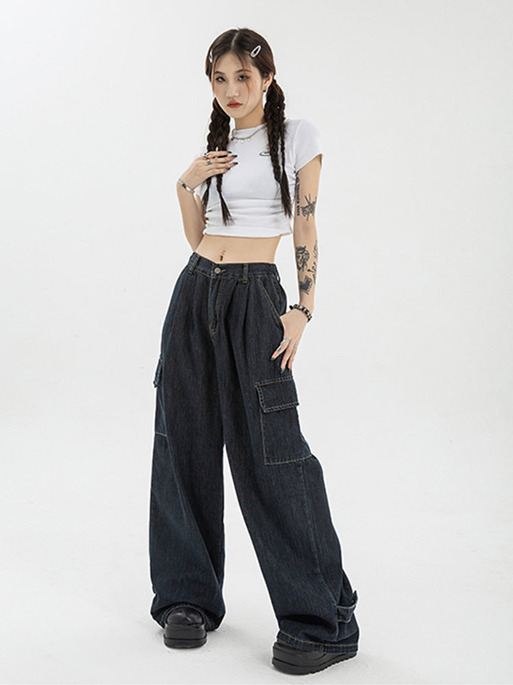 Retro Design Sense High Waist Straight Loose Wide Leg Mop Pants
