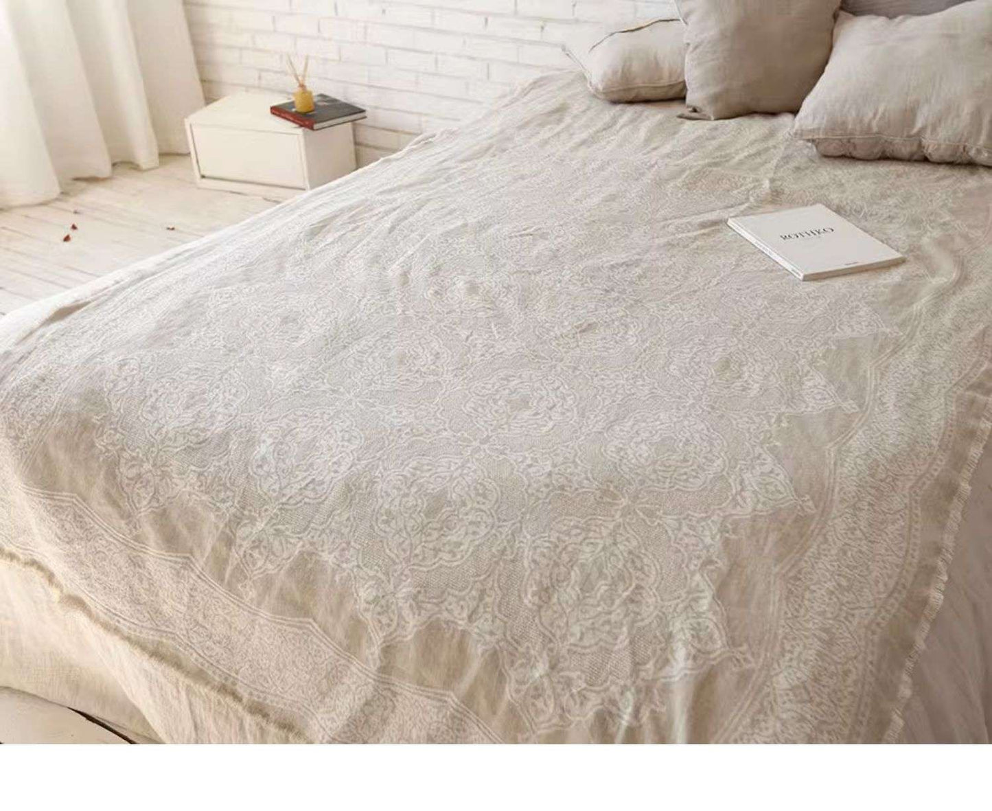 Jacquard Linen Cotton Bamboo Fiber Burrs Tassels Cover Blanket Sofa Tablecloth