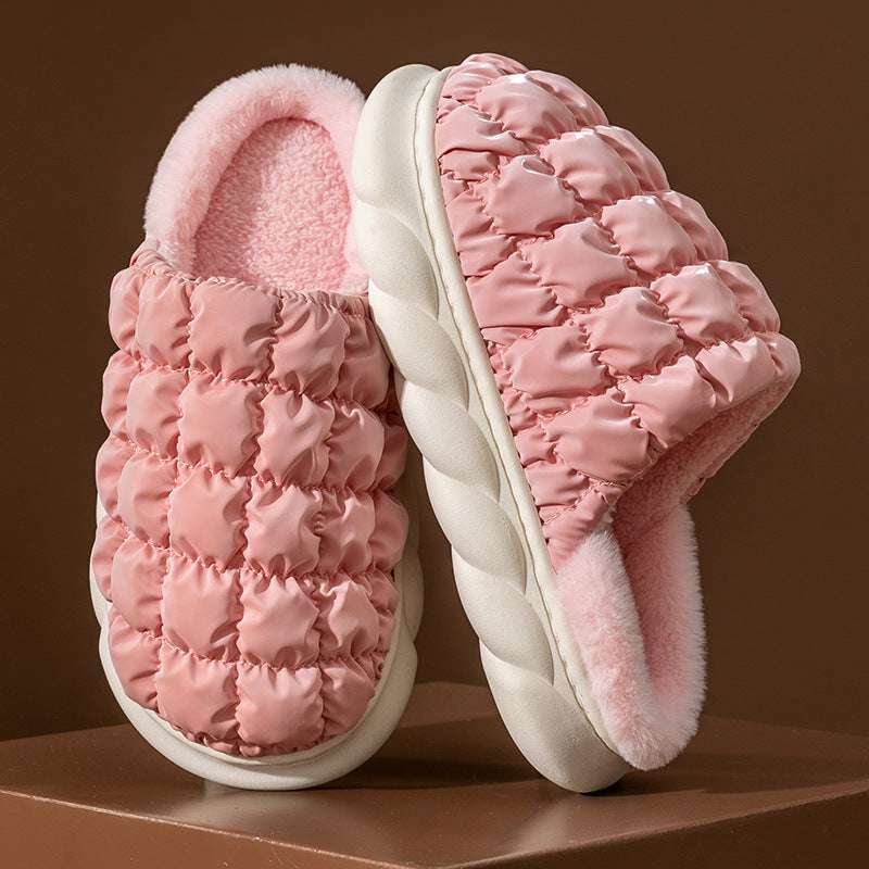 Plaid Bubble Home Slippers Winter Thick Sole Plush Shoes Women - globaltradeleader