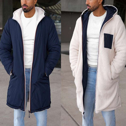 Double-sided Fall Winter Hooded Double-sided Zipper Coat Color Matching Warm Windbreaker Men's Coat - globaltradeleader