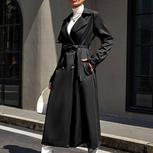 Mid-length High-grade Large Lapel Temperament Commute Lace-up Waist-controlled Black Coat - globaltradeleader