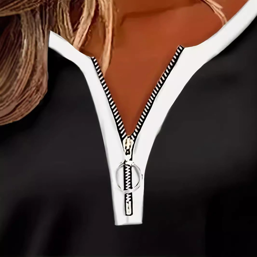 Women's V-collar Contrast Color Striped Loose Zip Long-sleeved T-shirt - globaltradeleader