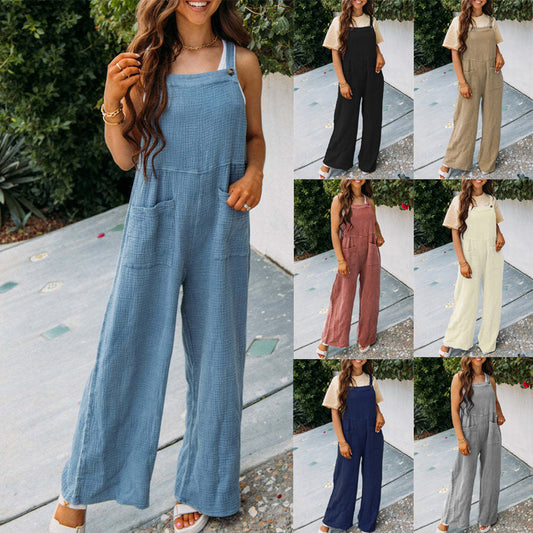 Fashion Square Neck Jumpsuit With Pockets Spring Summer Casual Solid Color Loose Overalls Womens Clothing - globaltradeleader