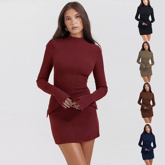 Fashion Long Sleeve Dress With Two Pockets Slim Bodycon Hip Short Dress For Women - globaltradeleader