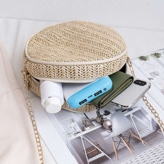 Ladies One Shoulder Straw Small Round Bag