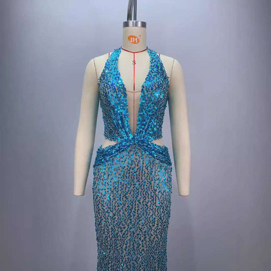 New Halter Deep V-neck Slim Slimming Party Stage Host Hostess Evening Dress - globaltradeleader