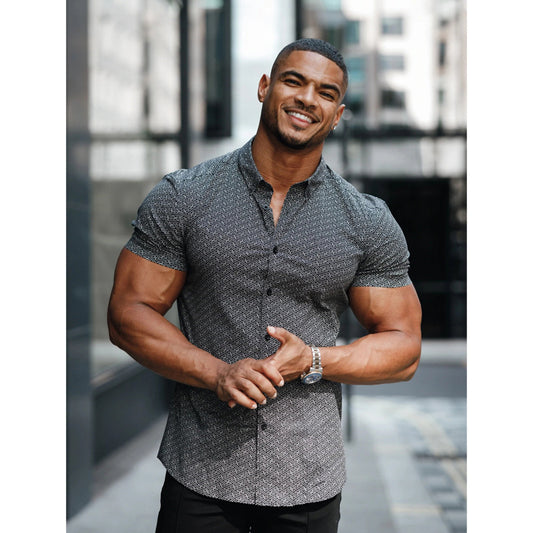 Rhombus Printed Short-sleeved Gentleman Shirt - globaltradeleader