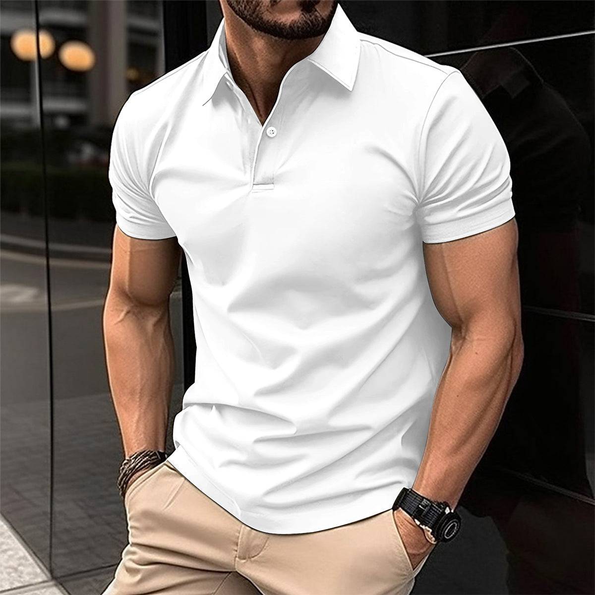 Summer Short Sleeve Polo Shirt Men Solid Color Button Lapel Buttono Top - globaltradeleader