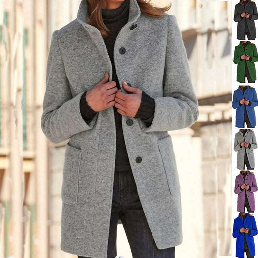 Fashion Stand Collar Woolen Coat With Pockets Fall Winter Casual Button Outwear For Women Clothing - globaltradeleader