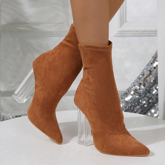 New Crystal Heel Boots Fashion High-heeled Party Shoes For Women Elastic Mid-calf Slim-foot Boots Autumn And Winter - globaltradeleader
